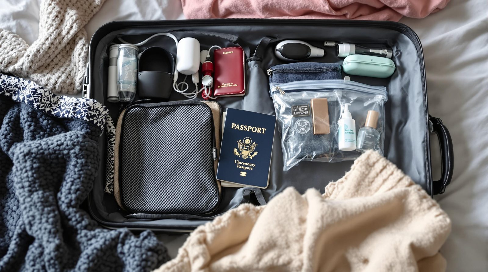 Bagage cabine pour les États-Unis : règles TSA, liquides et checklist avant un city trip - photo éditoriale réaliste sans texte